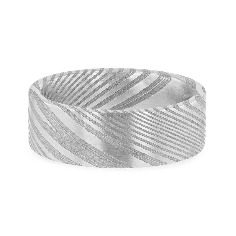 XANDER Grey Flat Brushed Damascus Steel Men’s Wedding Band with Vivid Etched Design - 6mm & 8mm