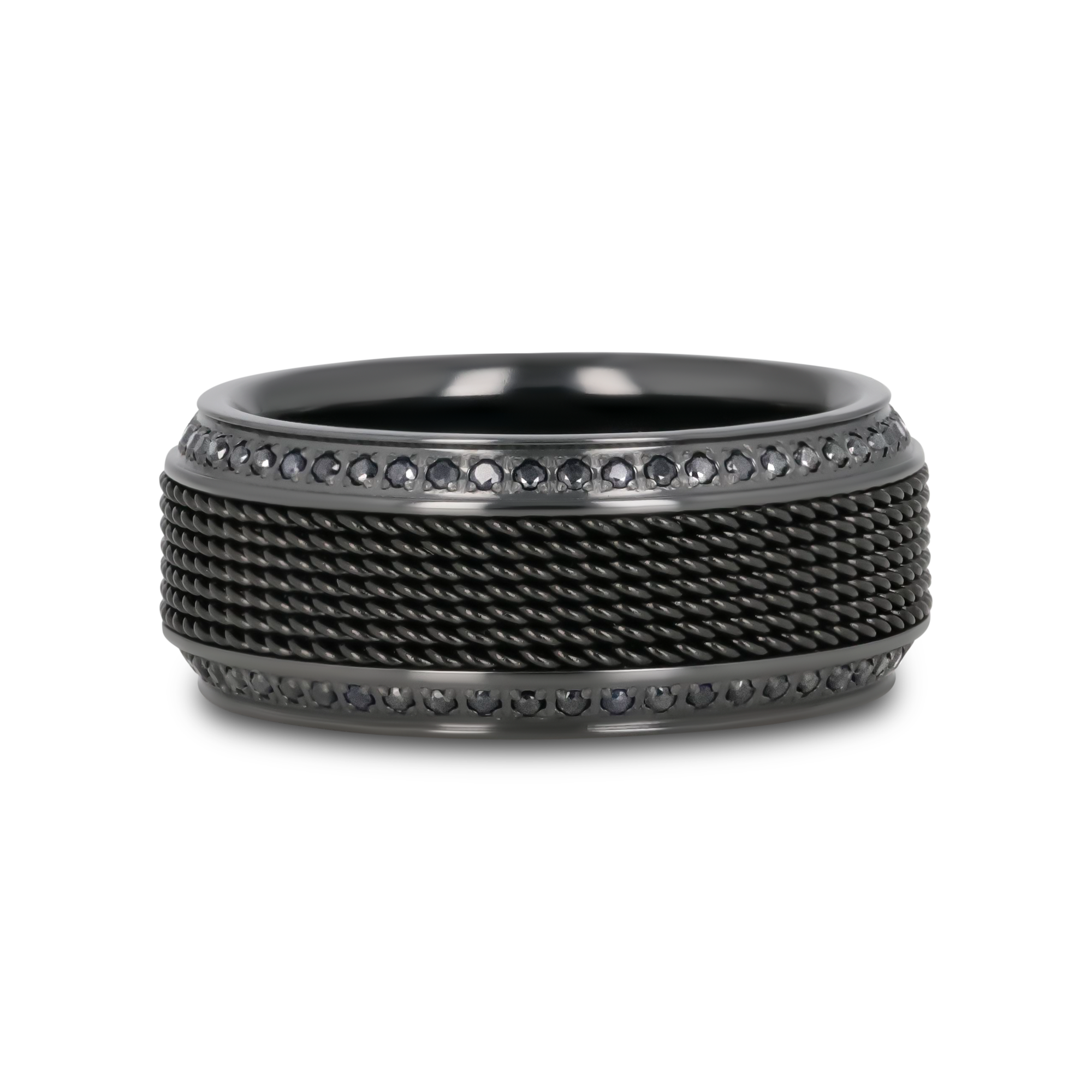 KNIGHT Steel Chain Black Titanium Wedding Ring Polished Beveled Edges Set with Round Black Diamonds - 10mm