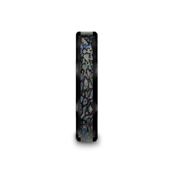 PERMIAN Blue Dinosaur Bone Inlaid Black Ceramic Beveled Edged Ring - 4mm or 8mm