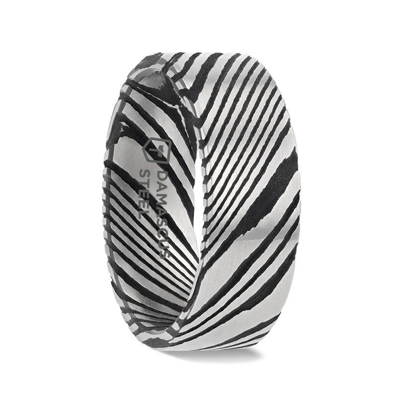HANZO Black Flat Brushed Damascus Steel Men’s Wedding Band with Vivid Etched Design- 6mm & 8mm
