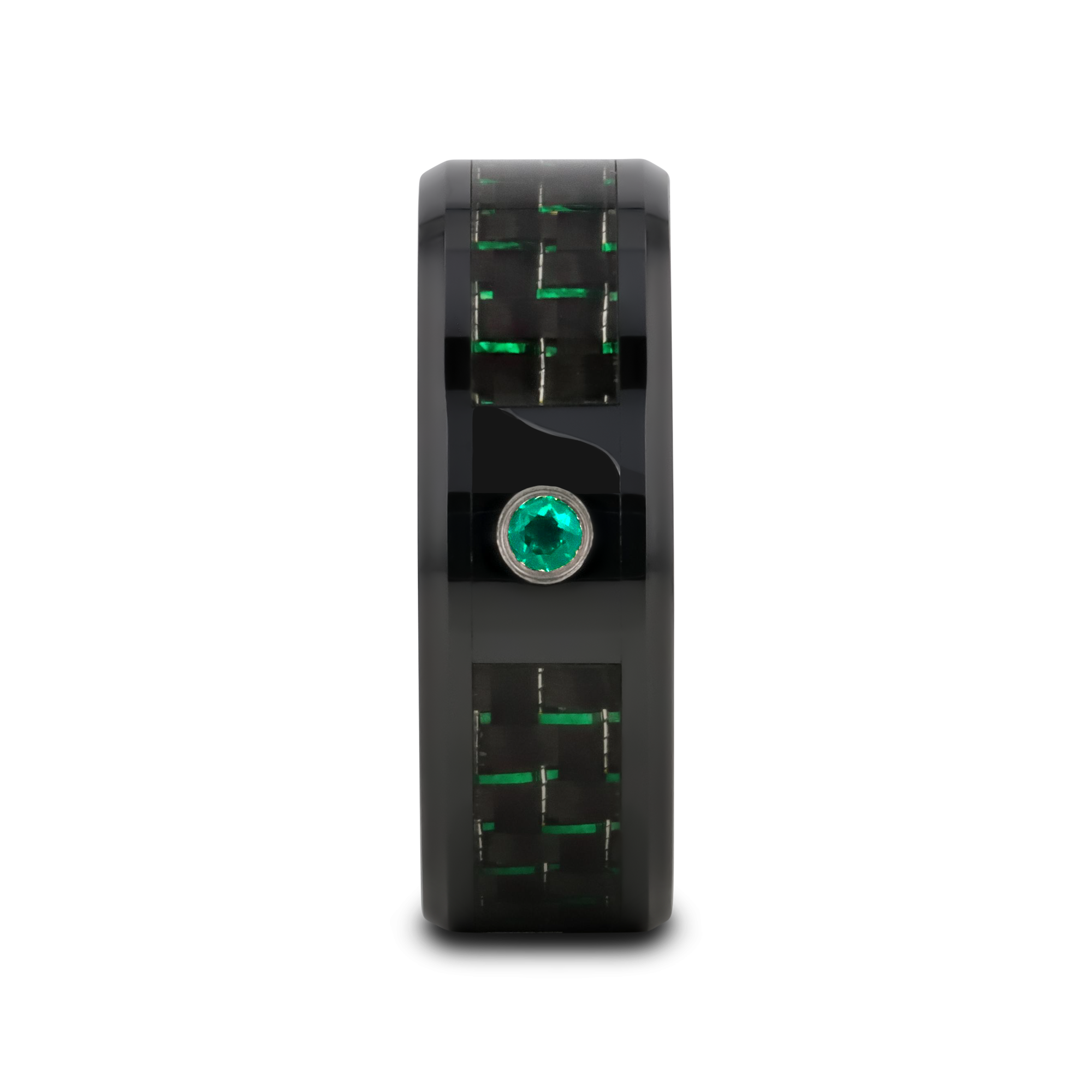 HADAR Black Ceramic Ring with Black and Green Carbon Fiber and Green Emerald Setting - 8mm