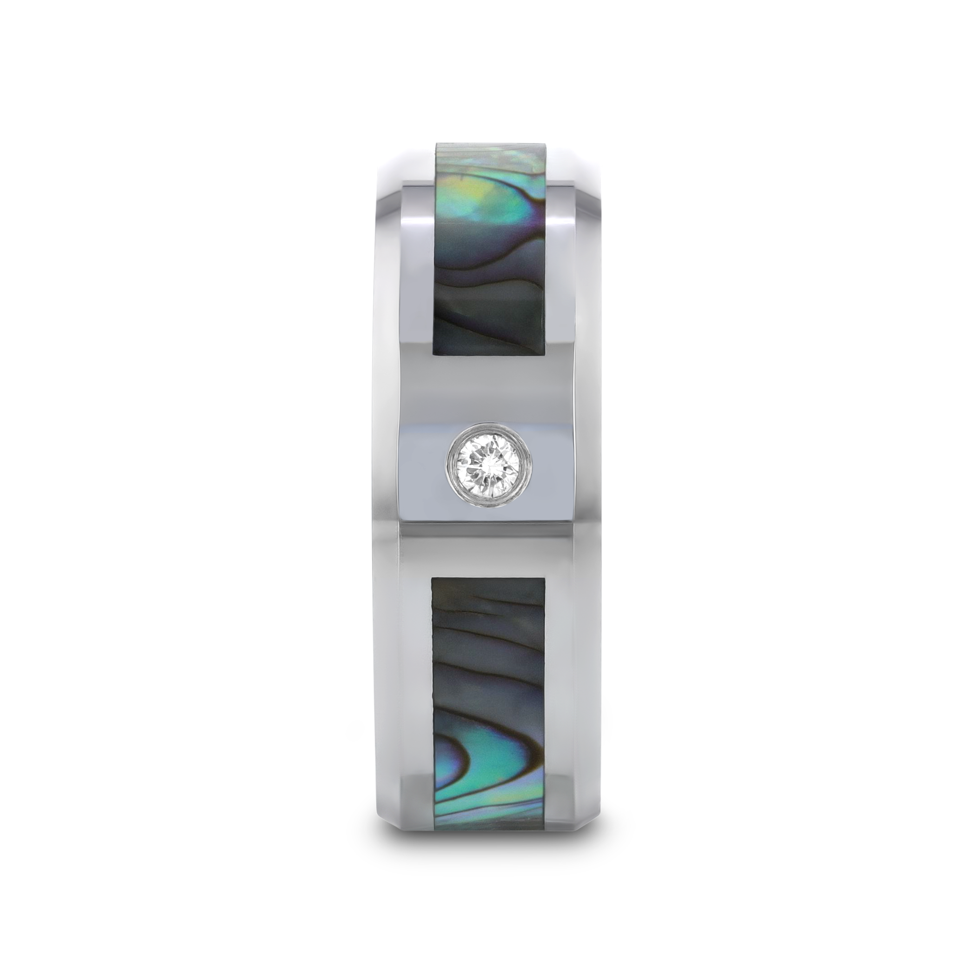 HONOLULU Mother of Pearl Inlay Tungsten Carbide Ring with Beveled Edges and White Diamond - 8mm