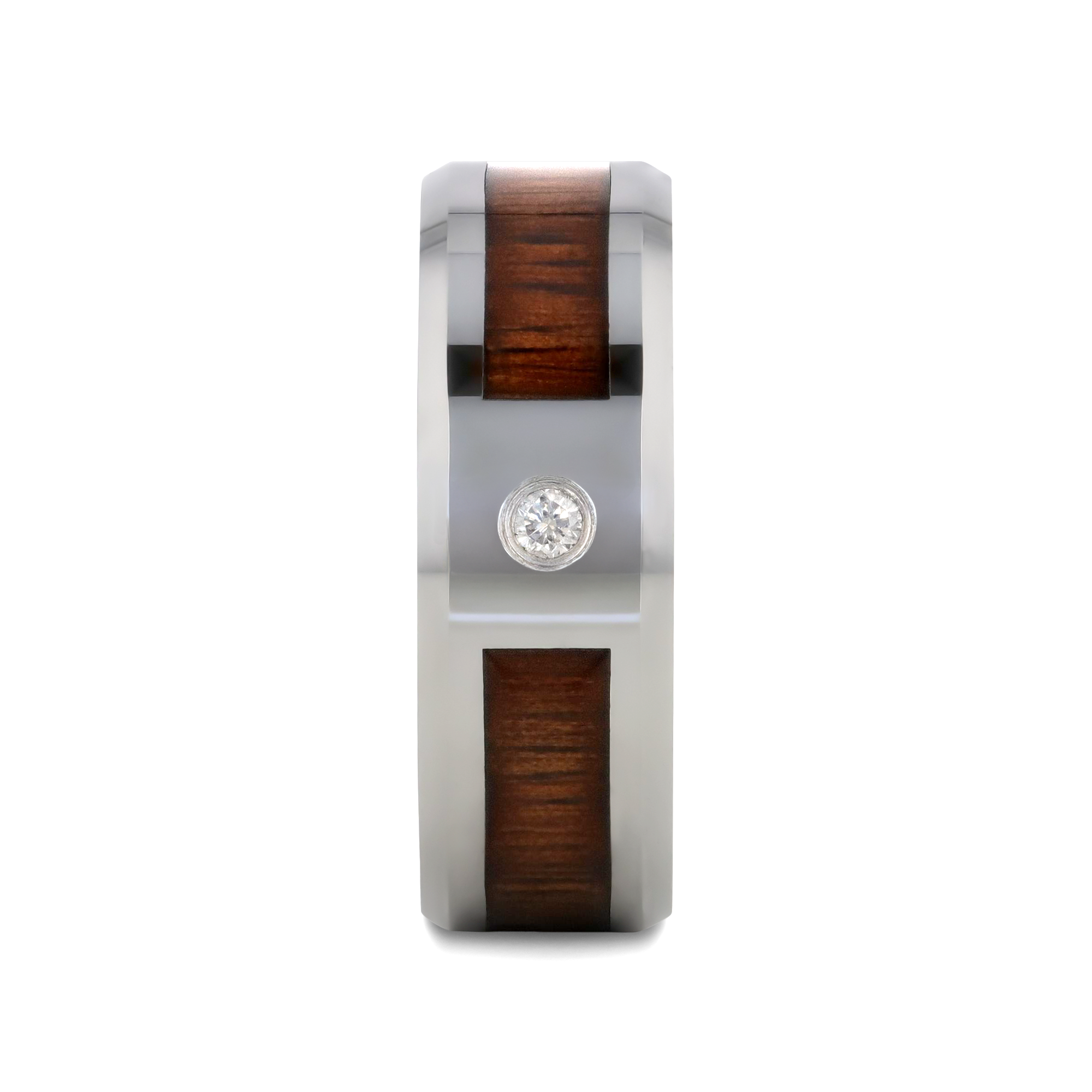 KAHUNA Tungsten Carbide Beveled Edged Diamond Wedding Band with Koa Wood Inlay & Polished Edges - 8mm