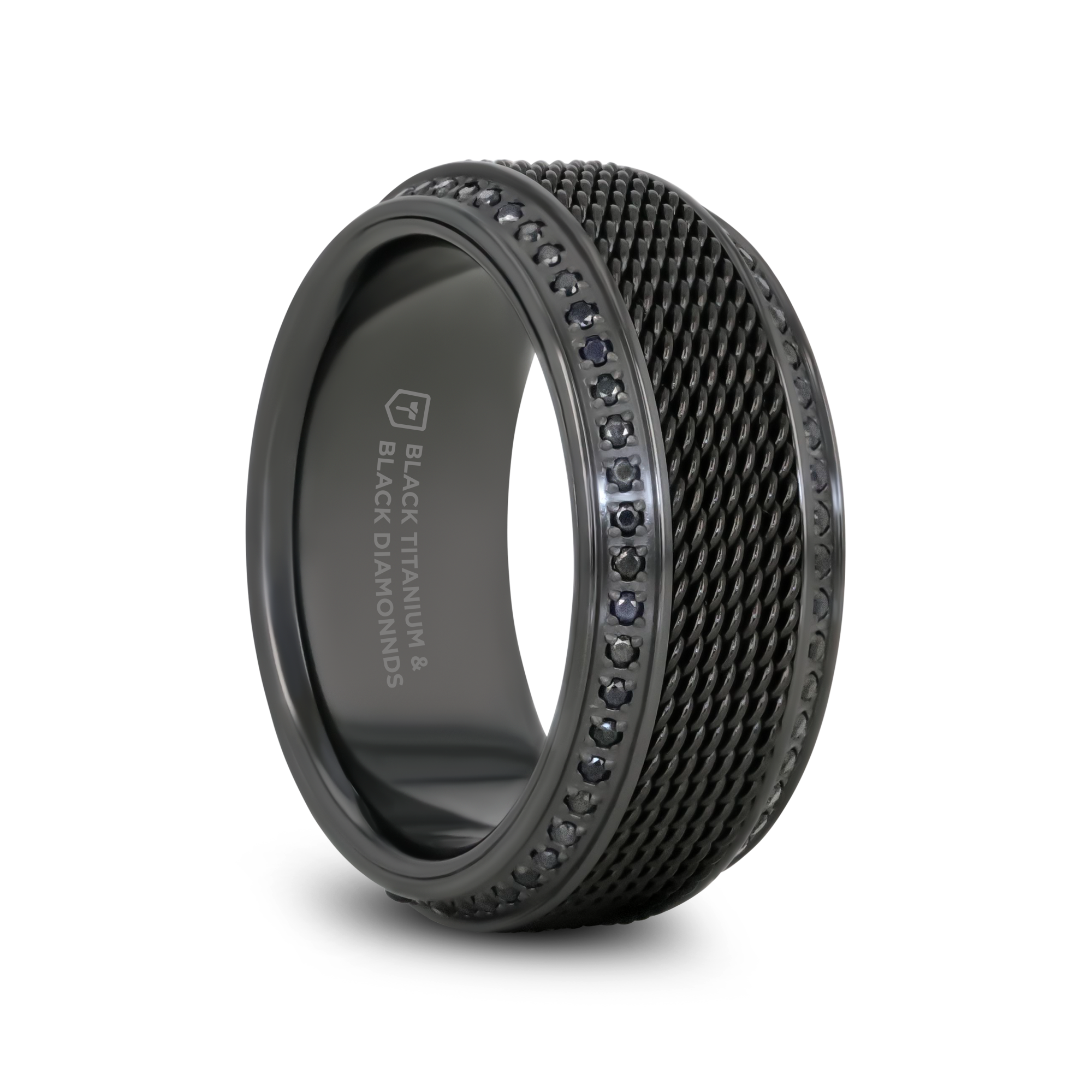 KNIGHT Steel Chain Black Titanium Wedding Ring Polished Beveled Edges Set with Round Black Diamonds - 10mm