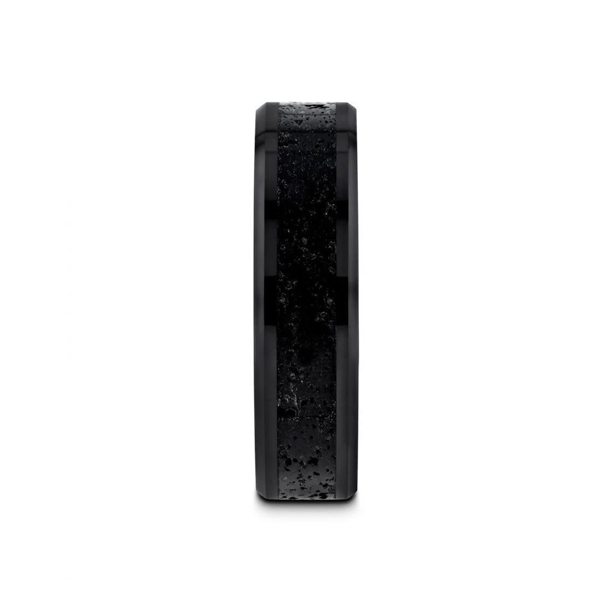 VESUVIUS Men’s Polished Black Ceramic Wedding Band with Black & Gray Lava Rock Stone Inlay & Polished Beveled Edges - 6mm & 8mm