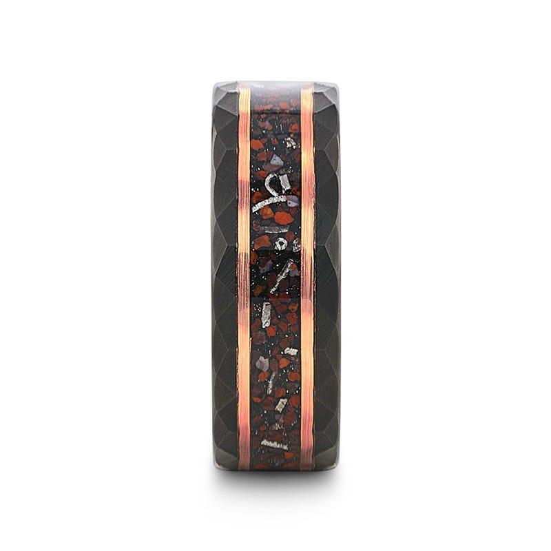 INFERNO Black/Rose Hammered Tungsten Carbide Ring with Dinosaur Bones and Meteorite - 8mm