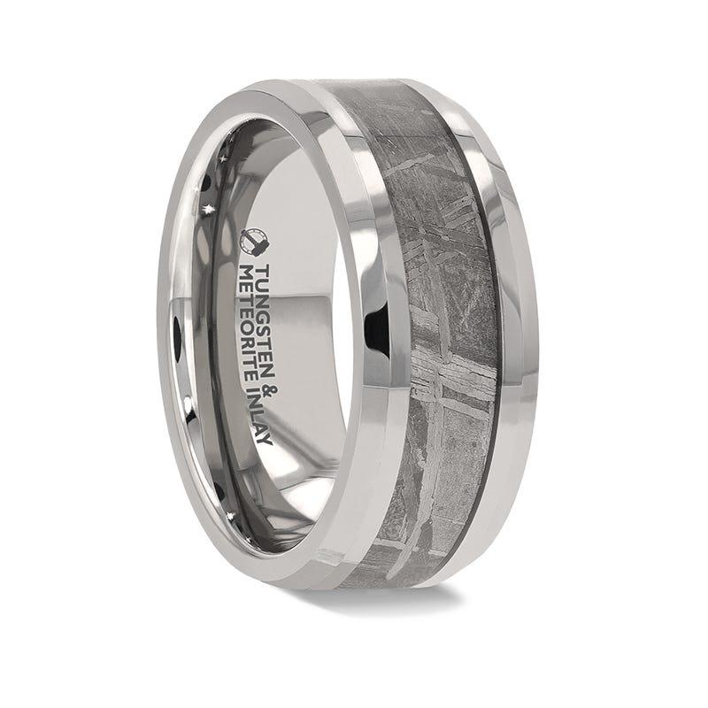 CELESTIAL Flat Tungsten Carbide Ring with Beveled Edges and Meteorite Inlay Remix - 8mm