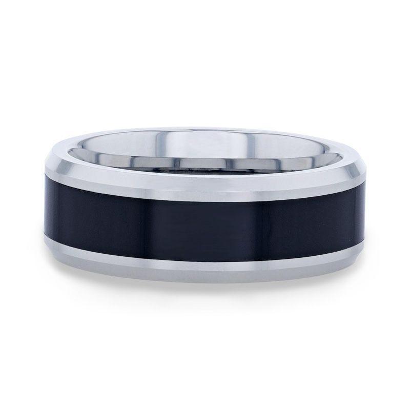 HAWK Polished Black Ceramic Inlaid Tungsten Men's Wedding Band with Bevels by Remix - 8mm