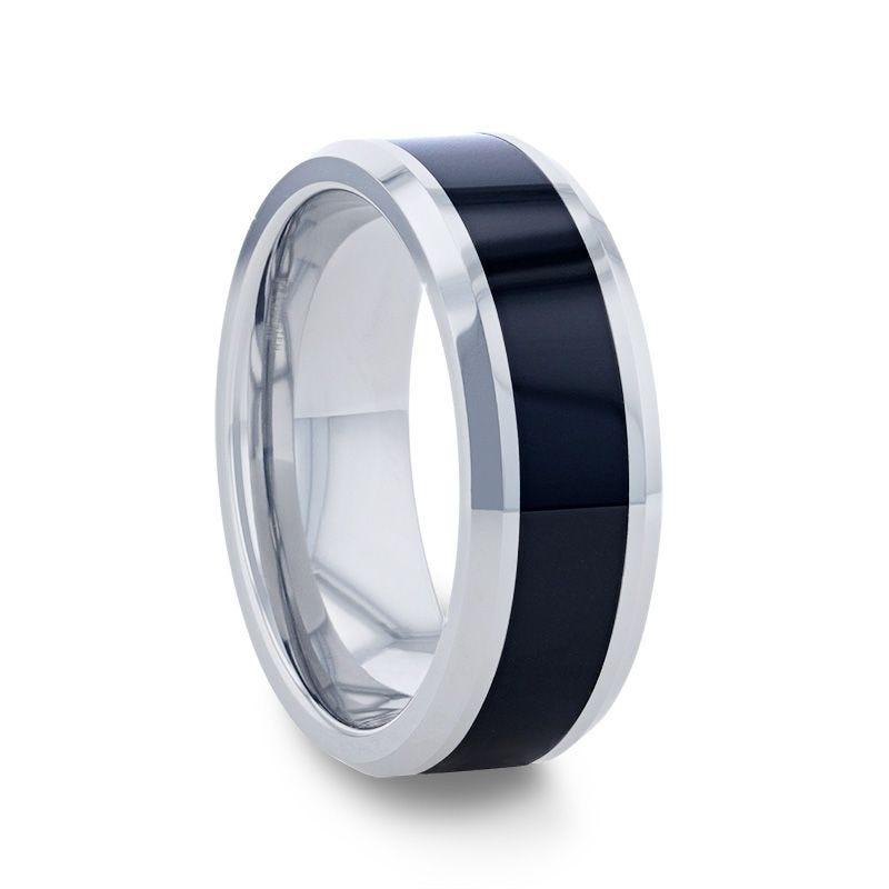HAWK Polished Black Ceramic Inlaid Tungsten Men's Wedding Band with Bevels by Remix - 8mm